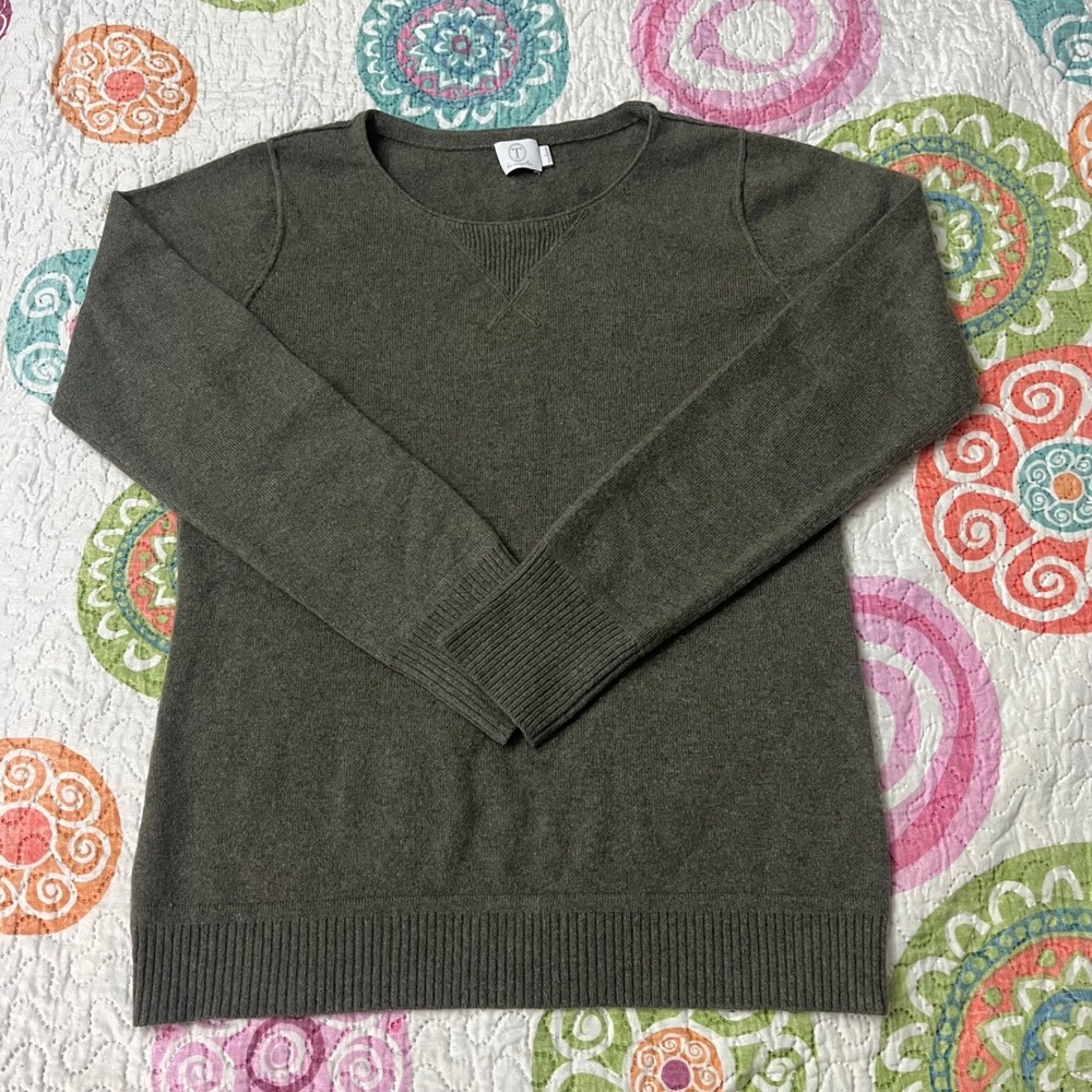 T Los Angeles Women Olive Green 100% Cashmere Crew Neck Sweater Med Minimalist